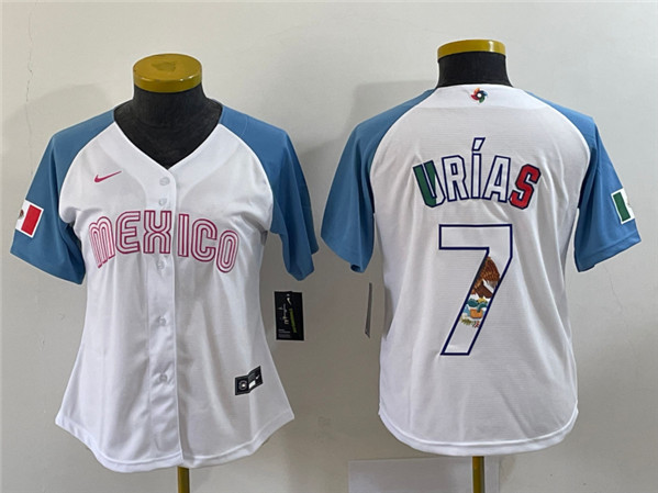 Youth Mexico Baseball #7 Julio Urías 2023 White Blue World Baseball Classic With Patch Stitched Jersey